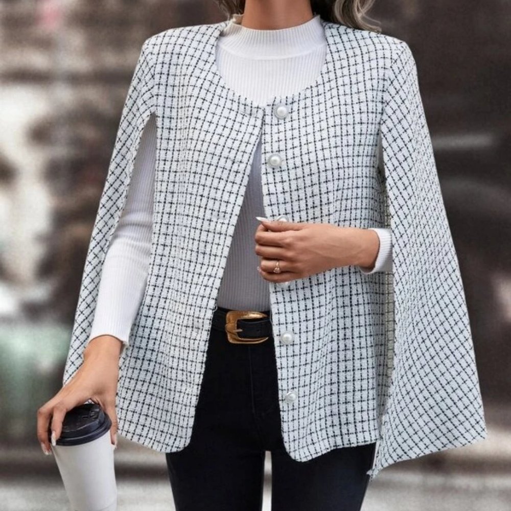 Elegant Cloak Sleeve Plaid Print white Cape Overcoat - Picture 2 of 6